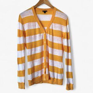 Lafayette 148 Linen Yellow White Striped Cardigan Sweater Womens Medium Preppy